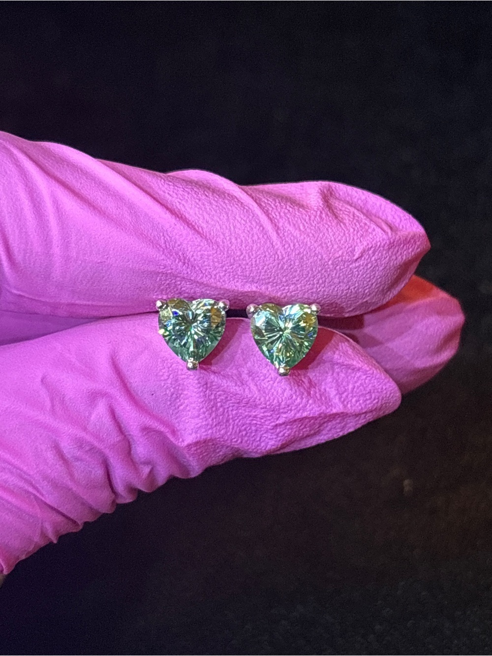 .925 Sterling Silver 2ct. VVS Green Moissanite Heart Solitaire Studs - Picture 1 of 9